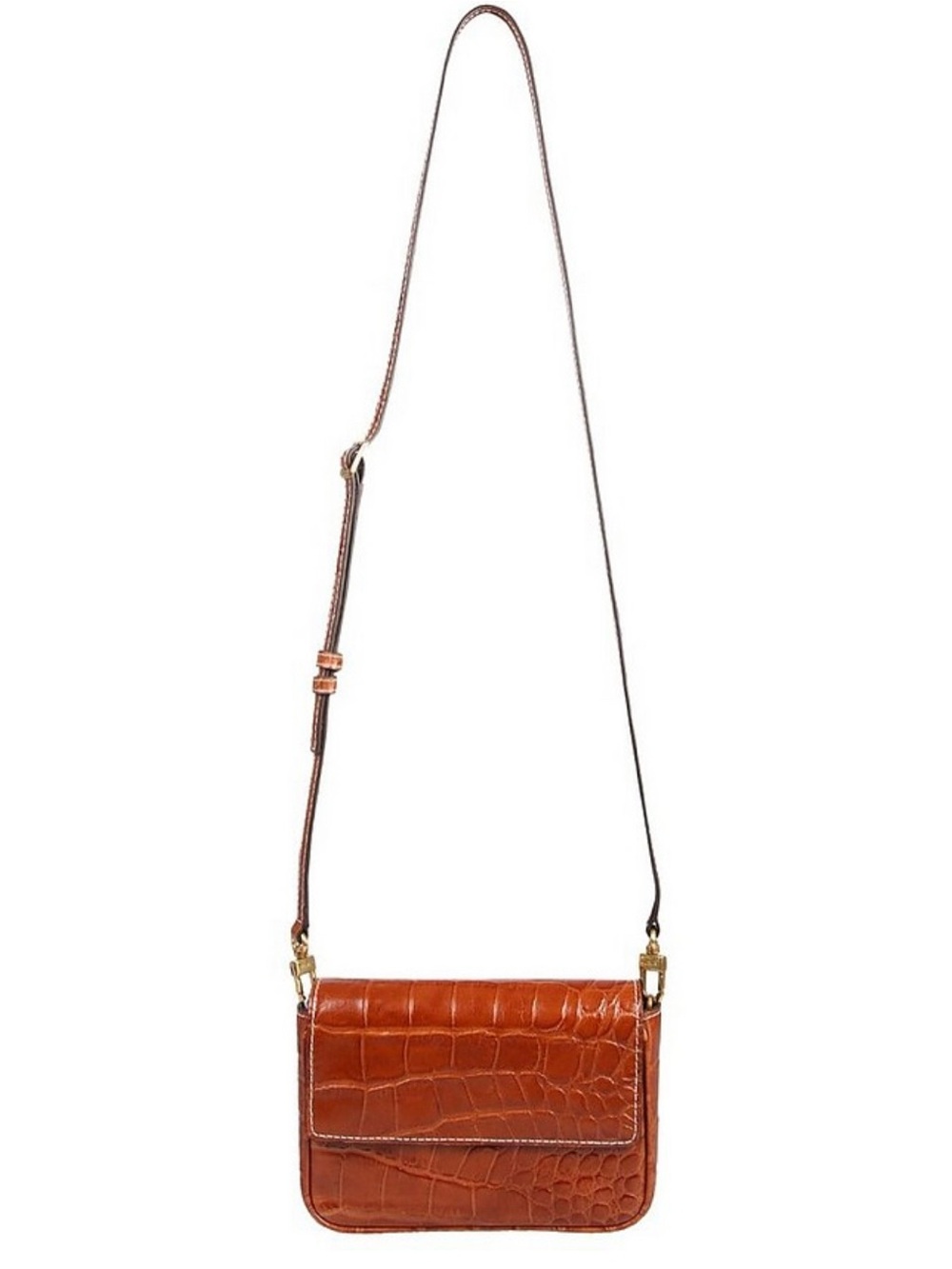 STAUD Chestnut Croc-Embossed Leather Crossbody with Gold Hardware